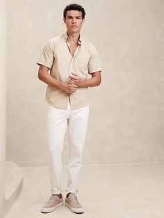 Summer Cotton Shirt | Banana Republic Factory Neutral Cotton Summer Shirt, Neutral Cotton Button-up Tops, Classic Neutral Cotton Shirt, Neutral Cotton Shirt With Relaxed Fit, Neutral Short Sleeve Cotton Shirt, White And Khaki Outfit, Dressy Casual Attire, Mens Resort Wear, Hamptons Fashion