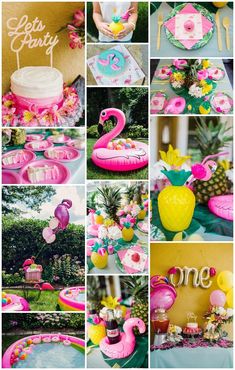 pink flamingo themed birthday party collage with cake, decorations, and desserts