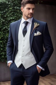 This is a Premium 3 Piece Suit crafted from high quality fabric and imported materials. Our products are handcrafted by experienced tailors who make sure the that the stitching is precise, lining is proper and the overall product is sturdy enough to not go out of shape for more than a few years. Also all our products have extra margins in their length, sleeves, sides so it's easily alterable if your size changes after some time. To see more available colours and designs in this collection, Check Navy Blue Suit Wedding, Best Wedding Suits For Men, Blue Tuxedo Wedding, Wedding Suits Men Blue, Groom Blue Suit, Best Wedding Suits, Dark Blue Suit, Blue Suit Men, Blue Suit Wedding