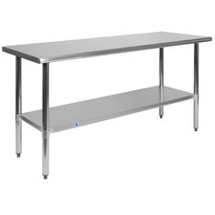 a stainless steel table with two shelves on the bottom and one shelf below it, against a white background