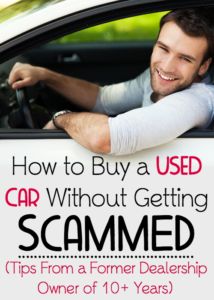 a man driving a car with the text how to buy a used car without getting scammed tips from a former dealers owner