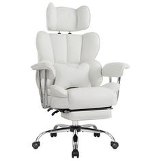 a white leather office chair with footrests and head rest in the shape of a recliner