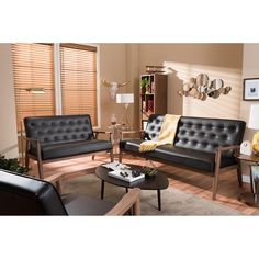 Baxton Studio Sorrento Mid-century Retro Modern Brown Faux Leather Upholstered Wooden 3 Piece Living room Set FredCo theFredCo Wooden Lounge Chair, 3 Piece Living Room Set, 3 Piece Sofa, Leather Living Room Set, Baxton Studio, Living Room Set, Living Room Leather, Retro Modern, Upholstered Sofa