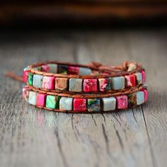 Woven Cube Beaded Bracelet – Mix Natural Stone – Leather Wrap Bracelet Eclectic Jewelry, Bracelets Vintage, Treasure Jewelry, Bohemian Eclectic, Hippy Chic, Bohemian Handmade, Jasper Bracelet, Moon River, Wrap Bracelets