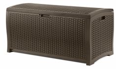 an outdoor storage box that is brown and has handles on the sides, with holes in it