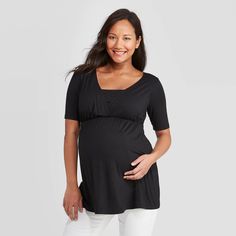 Materntiy Elbow Sleeve Deep V-Neck Nursing Top - Isabel Maternity by Ingrid & Isabel Black XS, Women's Spring Maternity Bump-friendly Tops, Spring Maternity Wear Bump-friendly Tops, Spring Maternity Wear Tops Bump Friendly, Spring Solid Color Nursing Tops, Fitted Summer Maternity Tops, Fitted Maternity Tops For Summer, Summer Fitted Bump Friendly Tops, Spring Short Sleeve Bump-friendly Tops, Spring Short Sleeve Tops, Bump Friendly