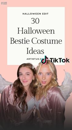 two women dressed in costumes with the words 30 halloween bestie costume ideas on them