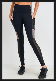 Tummy control.  Moisture wicking. Four-way stretch. Black 4-way Stretch Yoga Pants For Jogging, Stretch Color Block Bottoms For Training, Compression Color Block Gym Bottoms, Black Functional Nylon Yoga Pants, Stretch Color Block Athleisure Bottoms, Mesh Tights For Training In Athleisure Style, Stretch Color Block Bottoms For Athleisure, Sports Stretch Color Block Bottoms, Compression Color Block Workout Bottoms