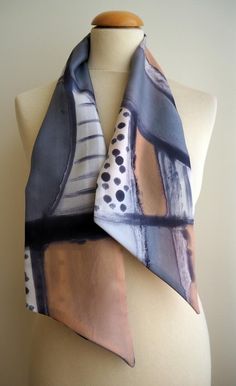 Handpainted Silk ScarfAdd some wearable art to your outfit this season!This is a beautiful double-layer hand painted silk scarf. This unique asbtract design is in white, tan, black  and grey colors.This will look great on you with any outfit, perfect for everyday wear or an elegant party or wedding.Size:width:    47 inches    ( 120 cm )height:    6 inches   ( 15 cm )Materials:100% SilkWashing:I recommend to wash this scarf hand only, although you can use the washing machine with the softest sett Handmade Silk Scarf For Summer, Handmade Silk Scarves For Summer, Handmade Artful Silk Scarves, Artistic Hand Painted Silk Scarf, Artful Hand-painted Silk Scarf, Artistic Handmade Silk Scarf For Summer, Handmade Artistic Silk Scarf For Summer, Handpainted Silk Scarves, Silk Scarf Painting