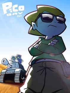 a cartoon character is standing in front of a tank with sunglasses on and the caption pico day