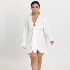 Sexy White Shirt Dress With Plunging Neckline. I Loved This Dress But It Was Too Short For Me In The Front. I’m 5’11” So Please Reference Measurements Below. 100% Polyester Fabric. Total Length Front From Collar To Shortest Part 30” Back Length 36” Sleeve Length 25” Chest 23” Pit To Pit Boho Fashion Summer, Love Free, Plus Size Clothing For Women, Blouse Material, Trendy Plus Size Clothing, White Shirt Dress, Summer Style Casual, Plus Size Womens Clothing, Womens Clothing Sizes