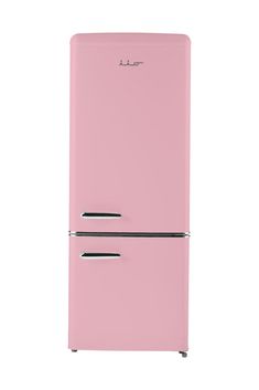 a pink refrigerator freezer sitting on top of a white floor next to a wall