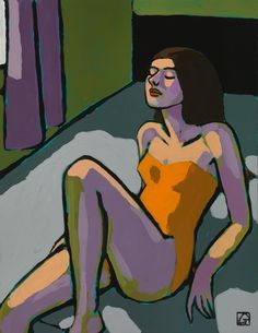 a painting of a woman sitting on a bed