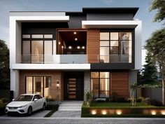 a white car parked in front of a two story house with balconies on the second floor