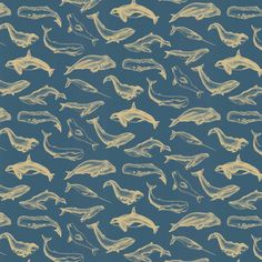 a blue background with yellow and white dolphins