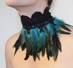 Feather Collars - Nevermore boutique Ballroom Accessories, Feather Collar, Peacock Costume, Feather Gown, Feather Fashion, Black Lace Choker, Blue Feathers, Bird Costume, Glamour Vintage