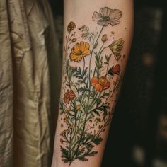 Wildflower Tattoo Vector Art Wild Flower Garden Tattoo, Wild Flower Back Tattoo, Wildflower Arm Tattoo, Herbalist Tattoo, Flower Field Tattoo, Wildflower Leg Tattoo, Wildflower Tattoo Sleeve, Wildflower Sleeve Tattoo, Botany Tattoo