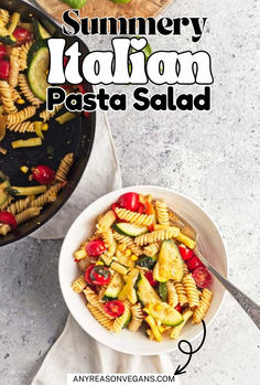 a bowl filled with pasta and vegetables next to a skillet full of sauce on the side