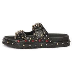 Super-comfortable handcrafted black leather flat with multi-stud detail, upper and midsole embellished with multi studs. This double-strap slip-on sandal can be adjusted by the double buckles on top to find the most comfortable position, leather lining, rubber sole, and padded leather footbed. Wipe Clean Casual Leather Sandals With Studs, Leather Studded Slip-on Sandals, Leather Slip-on Sandals With Studs, Black Open Toe Sandals With Gold Studs, Black Leather Sandals With Gold Studs, Leather Sandals With Gold Studs And Round Toe, Gold Studded Round Toe Sandals, Double Buckle Sandals, Customer Service Gifts