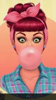 a woman with red hair wearing a pink bubble gum