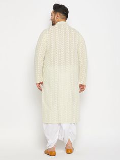 VASTRAMAY Men's Plus Size Chikankari Embroidered Kurta And White Dhoti Set Experience traditional elegance with the VASTRAMAY Men's Plus Size Yellow Chikankari Embroidered Kurta and White Dhoti Set. This outfit blends cultural heritage with contemporary style, perfect for festive occasions and celebrations. Features Intricate Chikankari embroidery Comfortable plus-size fit Vibrant yellow kurta with classic white dhoti Ideal for traditional events and festive gatherings Specifications Kurta Lengt Traditional Drape Kurta With Chikankari For Puja, Traditional Chikankari Kurta For Puja, Traditional Chikankari Embroidery Kurta For Puja, Transitional Sherwani With Chikankari Embroidery For Puja, Sherwani With Chikankari Embroidery For Puja, Unstitched Chikankari Embroidery Sherwani For Puja, White Sherwani With Self Design For Puja, Traditional Off White Bandhgala With Chikankari Embroidery, White Self-design Sherwani For Puja