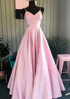 A-line V Neck Straps Cross Lace-up Long Ruching Pink Satin Prom Dress - Princessly Minimalist Dress Formal, Pink Satin Prom Dress, Satin Formal Dress, Minimalist Dress, Winter Formal Dresses, 파티 드레스, Long Prom Gowns