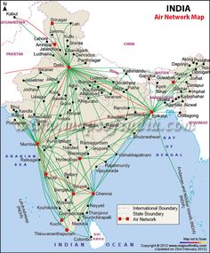 india map with all the major cities and their connections to each other in red, green,