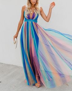 Spring/Summer 2020 New Europe and the United States cross-border foreign trade women cross-border new sling sexy deep V rainbow mesh yarn sling dress – bydudecom Bow Renewal, Dress At The Beach, Rainbow Dress Women, Flare Long Dress, Prom Ballgown, Renewal Dress, Circle Skirt Outfits, Maternity Long Dress, Rainbow Style