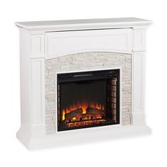 an electric fireplace with a white mantle and fire place in the center, on a white background