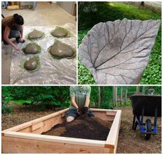 four different pictures show people working in the garden and building their own planter box