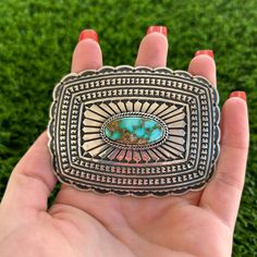 This gorgeous stampwork belt buckle was handmade by Navajo silversmith Tsosie White. Created with a beautiful dimensional design, this buckle exemplifies unique exquisite silverwork brought to life by its deep, dark patina. Tsosie completes this buckle with fine details, such as twist wire around its natural Royston turquoise stone. A statement perfect for men and women. Measures 3 1/8" long by 2 3/8" wide. Belt loop opening measures 1 5/8" (ideal for a 1 1/2" belt) Weighs 61.5 grams. Silver Southwestern Concho Belt, Southwestern Silver Concho Belt, Traditional Silver Concho Belt, Southwestern Concho Belt Buckles For Ranch, Bohemian Concho Belt Buckles For Western-themed Events, Silver Hand Tooled Adjustable Belt Buckles, Adjustable Silver Hand-tooled Belt Buckles, Traditional Concho Belt Buckles For Western-themed Events, Adjustable Southwestern Concho Belt Buckles