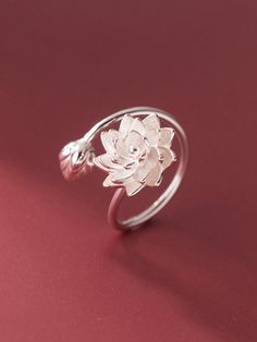 Antique Silver  Collar  Stainless Steel   Embellished   Women Fashion Jewelry Lotus Flower Jewelry, Silver Jewellry, Flower Cutout, Lotus Flower Ring, Lotus Jewelry, Forest Style, Goddess Jewelry, Silver Ring Designs, Single Ring