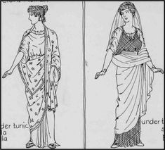 two drawings of women in ancient greek dress, one is wearing a veil and the other has