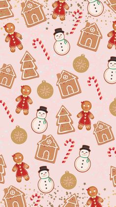 a pink background with gingerbreads, snowmen and gingerbread houses on it