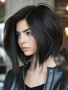 Chic & Stylish Straight Hair with Bangs Inspiration Asymmetrical Bob Medium, Bob Hairstyles Brunette, Thick Hair Bob Haircut, Thick Hair Medium Length, Inverted Bob Haircut, Bangs Inspiration, Straight Hair With Bangs, Bangs Cut, A Line Haircut