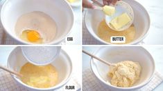 four pictures showing how to make batter in a bowl with eggs and butter on the side