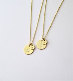 "Minimalist Sun and Moon friendship necklaces with initial disks. Matching couple necklaces set. Sun and Crescent friendship jewelry. Gold plated brass, or Rhodium plated brass (for silver tone). This listing is for set of two necklaces. - big disc 11 mm, small disc 6 mm - gold or silver tone, see the picture 4 - select your length necklace in the drop down menu - lobster or round clasp closure - the adjustable chain part 2 inch is added only on buyer request and it is free - just include a note Matching Sister Jewelry, Sun And Moon Friendship, Matching Couple Necklaces, Necklaces Big, Crescent Jewelry, Matching Necklaces For Couples, Selling Ideas, Sun And Moon Necklace, Bff Jewelry