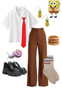 a person wearing brown pants and a white shirt with a red tie is standing next to a hamburger