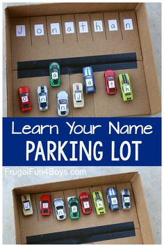 two pictures of cars in a box with the words learn your name with cars on them