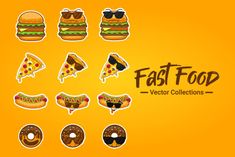 a set of fast food stickers on a yellow background