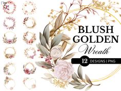 blush golden wreaths with flowers and leaves