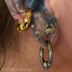 the ear is decorated with gold, silver and other jewelry items as well as an anchor