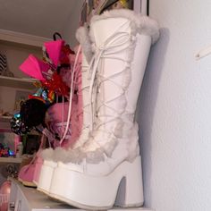 In Pretty Good Condition. A Few Scuffs And Just Need Some Cleaning. Demonia Boots, Demonia Shoes, Shoes White, Pretty Good, Lace Up Boots, Shoe Laces, Color White, Lace Up, Women Shoes