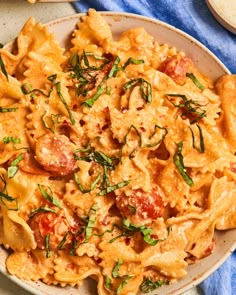 a white plate topped with pasta covered in sauce and toppings on top of a blue towel