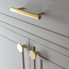 an image of kitchen cabinets with brass handles