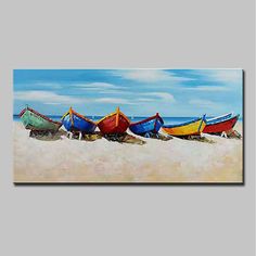 a painting of colorful boats on the beach