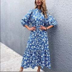 Brand New With Tags. Spring Midi Dress With Ruffle Hem For Casual Wear, Blue Tiered Floral Print Dress, Chic Blue Floral Midi Dress, Chic Blue Midi Floral Dress, Blue Floral Midi-length Dress For Spring, Blue Floral Midi Dress For Spring, Blue Tiered Midi Dress With Floral Print, Blue Floral Midi Dress For Day Out, Blue Midi Dress For Spring Garden Party