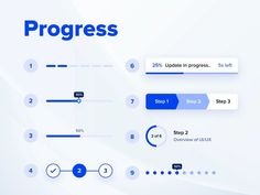 a set of progress buttons and numbers on a white background with blue lines in the middle