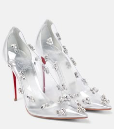 Degraqueen Embellished PVC Pumps in Silver - Christian Louboutin | Mytheresa White Louboutin Heels, Louboutin Wedding Heels, White Louboutin, Louboutin Wedding Shoes, Christian Louboutin Wedding, Christian Louboutin Heels Outfit, Louboutin Flats, Clear Pumps, Louboutin Online