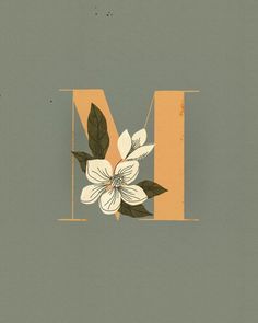 the letter m is made up of flowers and leaves on a gray background with an orange stripe